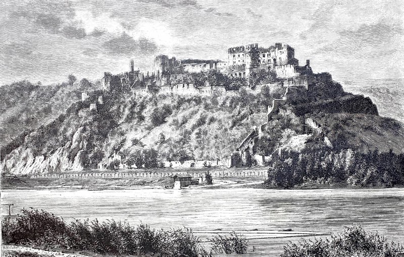 Rheinfels Castle is the ruin of a Spornburg on a ridge between the left bank of the Rhine and the Gründelbach valley above St. Goar, around 1888, Rhineland-Palatinate, Germany, Historical, digitally enhanced reproduction of a 19th century original