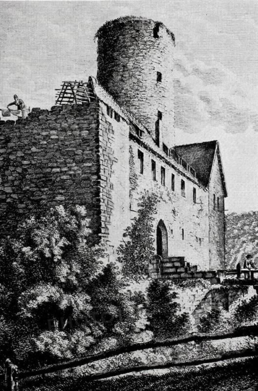 Thann Castle in the Middle Ages, also Burgthann, ruins of a Spornburg on a mountain spur above the Schwarzach valley in the district of Nürnberger Land, Middle Franconia in Bavaria, Germany, digitally enhanced reproduction of a 19th century original, historical, exact date unknown