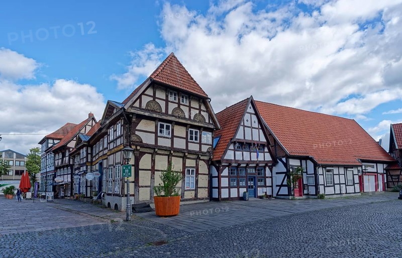 Half-timbered houses on the market square in the historic old town of Nienburg an der Weser. Nienburg, Lower Saxony, Germany