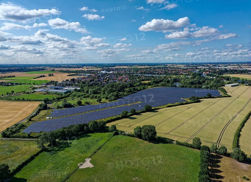 Solar field near Hoya, aerial view. Hoya, Lower Saxony, Germany