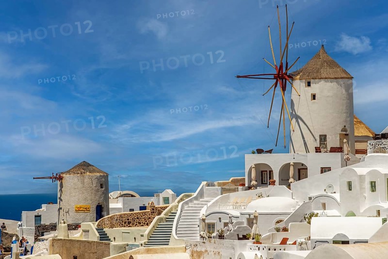 Windmills on Oia Santorini Greece