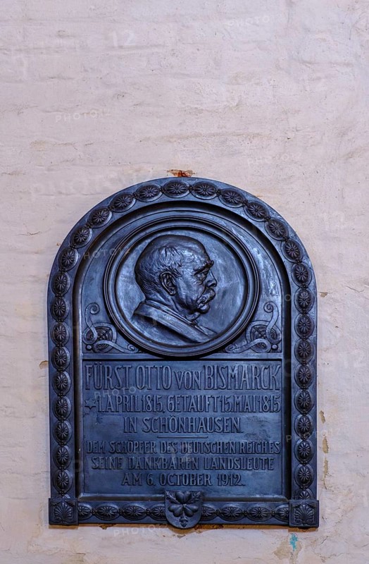 Church of St Mary and Willebrord, Otto von Bismarck's baptistery, memorial plaque from 1912, Schönhausen an der Elbe, Saxony-Anhalt, Germany