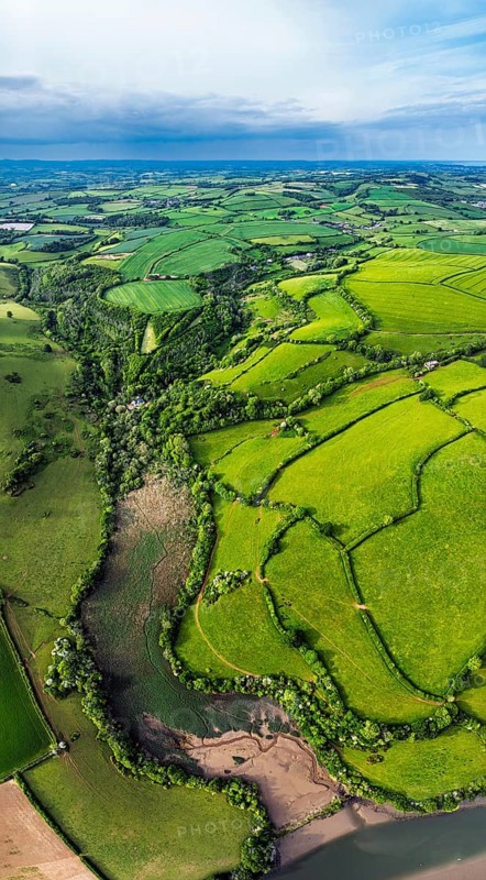 Panorama of Farms and Fields over River Dart from a drone, Stoke Gabriel, Totnes, Devon, England, United Kingdom