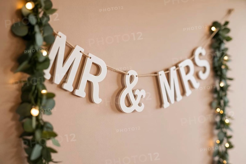 Close up of Mr & Mrs wedding garland. Romantic wedding decoration detail. Generative ai, AI generated