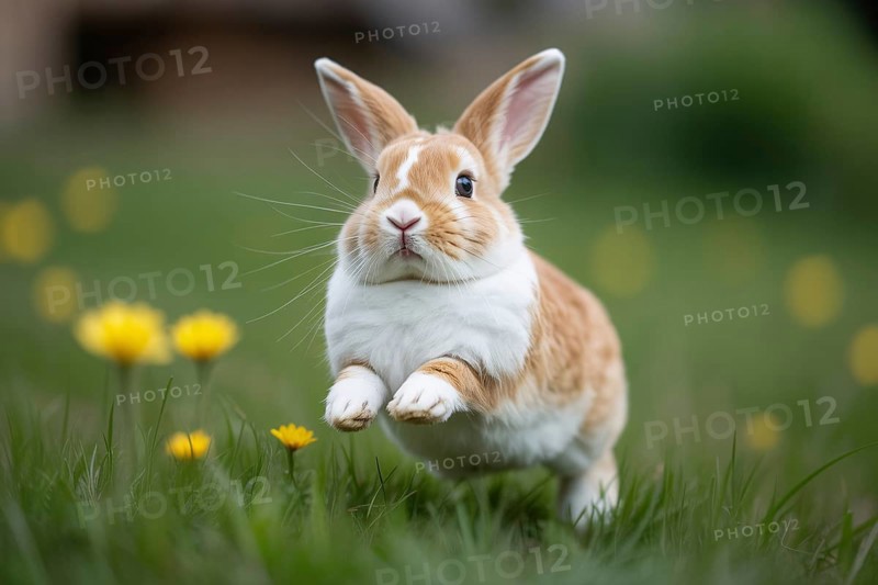Cute bunny jumping toward camera through green grass. Playful and energetic wildlife moment in nature, AI generated
