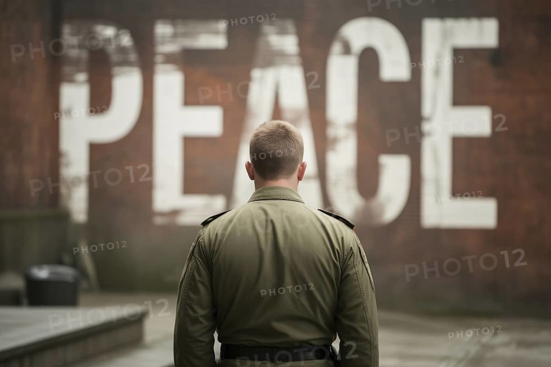 Soldier facing the word Peace painted on a brick wall. Visual metaphor for inner conflict and hope amid military duty. Generative AI, AI generated