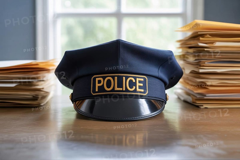 Police hat on wooden desk in modern office. Symbol of law enforcement, authority, and administrative duty, generative ai, AI generated