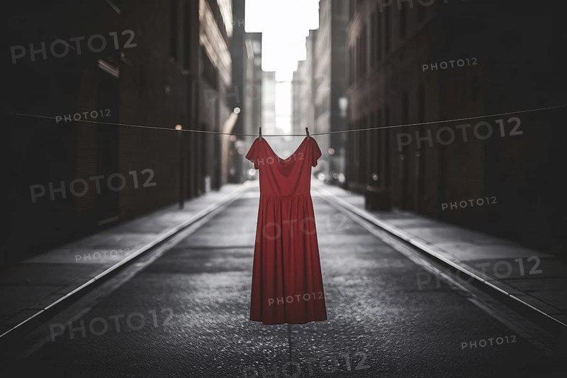 Red dress suspended in empty alley. Visual protest against violence and disappearance of women. Generative ai, AI generated