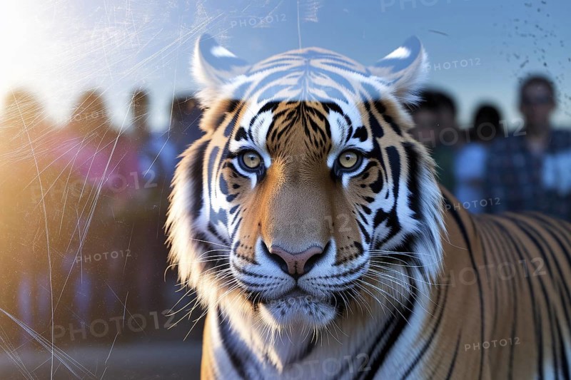 Close-up of a tiger behind scratched glass with reflections of zoo visitors watching. Intense wildlife moment showing captivity and human interaction. Generative ai, AI generated