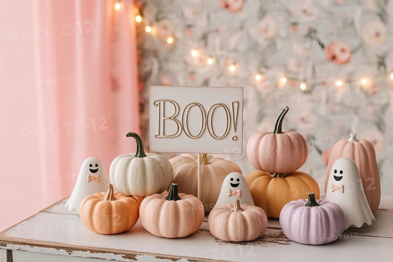 Pastel Halloween decoration with cute ghosts and decorative pumpkins. Whimsical and modern feminine aesthetic. generative ai, AI generated