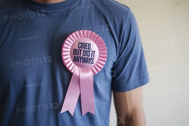 Satirical rosette on men's shirt with text cried, but I did it anyways. Irony of self-congratulation and exaggerated male fragility. Generative AI, AI generated