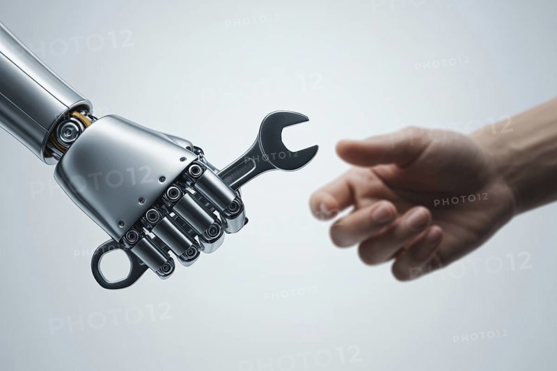 Robot hand with wrench work tool and man's hand. Concept of AI either assisting or replacing human labor. Generative ai, AI generated