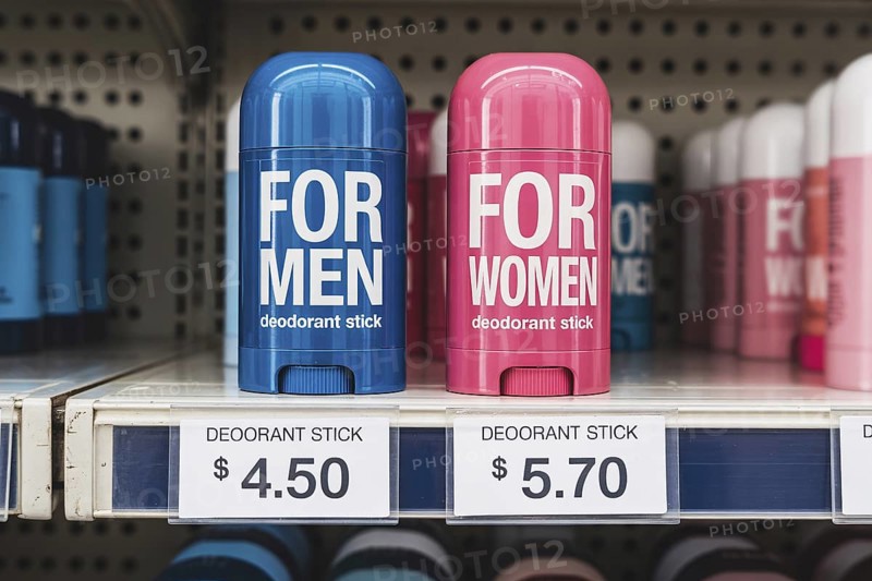 Gender-labeled deodorant sticks with unequal prices. Illustration of the pink tax in retail. Generative ai, AI generated