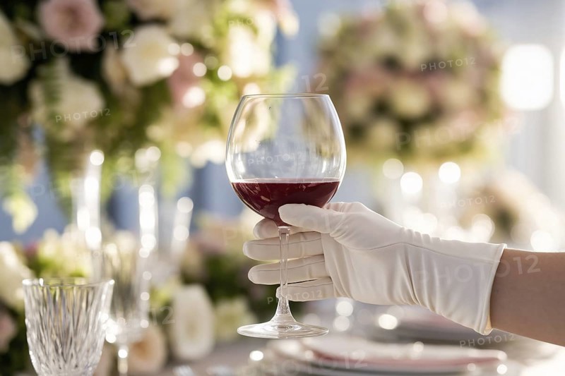 White silk glove holding red wine glass at elegant wedding reception. Generative Ai, AI generated
