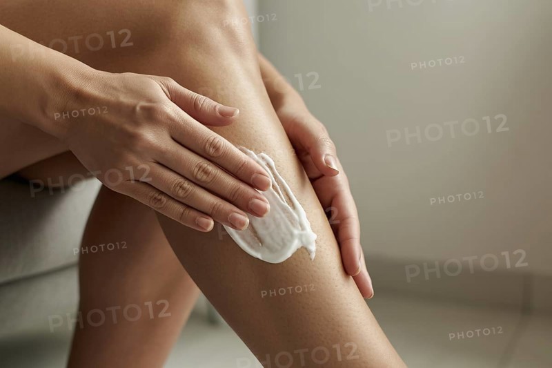 Woman applying moisturizing cream to leg. Concept for skincare and self-care routine. Generative ai, AI generated