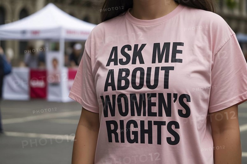 Close-up of woman in pink shirt with feminist message As me about women's rights at street info booth. Generative ai, AI generated