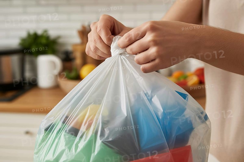 Close up of person tying up a garbage bag in a home kitchen as part of daily waste disposal. Generative ai, AI generated
