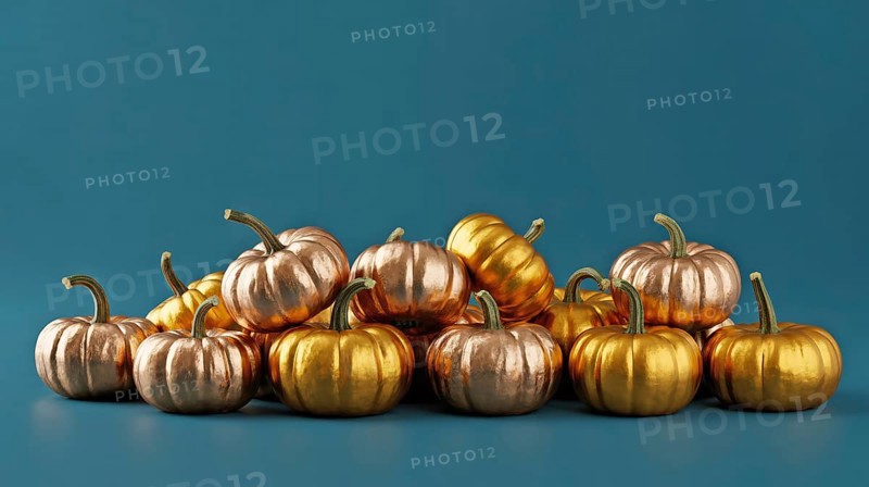 Metallic golden and copper pumpkins piled on blue background. Festive autumn harvest decoration banner with. Generative ai, AI generated