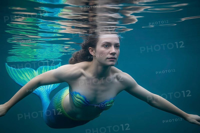 Mermaid swimming underwater with tropical fish in blue ocean. Generative ai, AI generated