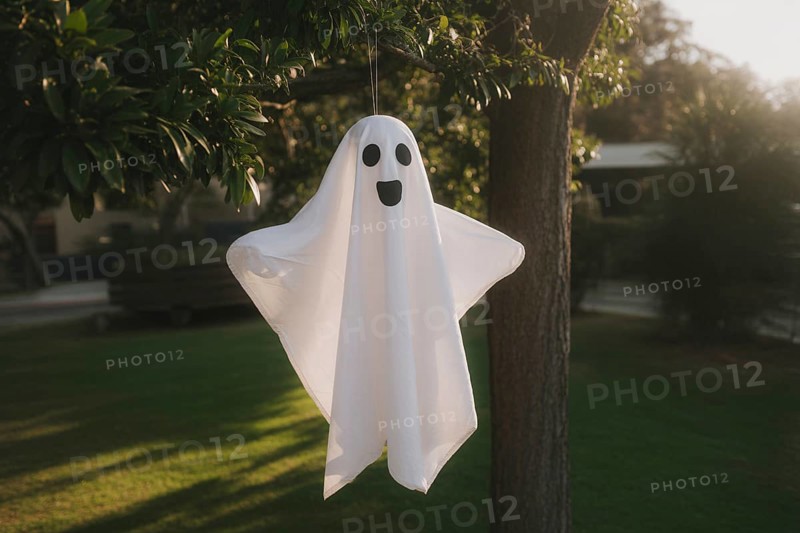 Funny white sheet ghost Halloween decoration hanging from tree. Concept of spooky seasonal tradition. Generative ai, AI generated