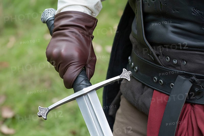 Close up of hand in leather glove holding medieval sword hilt with gemstone. Concept of medieval or LARP cosplay authenticity. Generative ai, AI generated