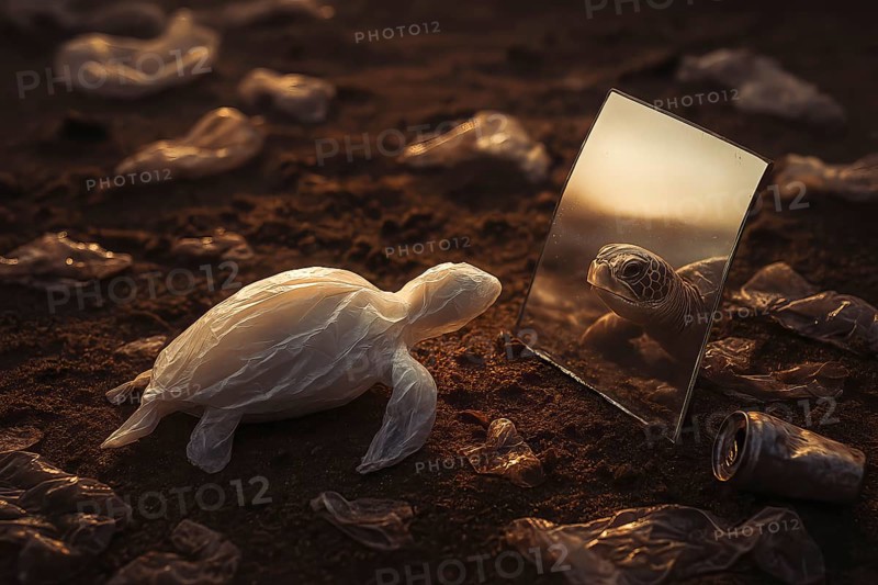 Plastic bag in the shape of a turtle, lying on dirty sand surrounded by plastic waste and looking at a mirror in which the reflection of a real turtle appears, warm light, symbolic juxtaposition of reality and loss of biodiversity through environmental destruction, AI-generated, AI-generated, AI generated