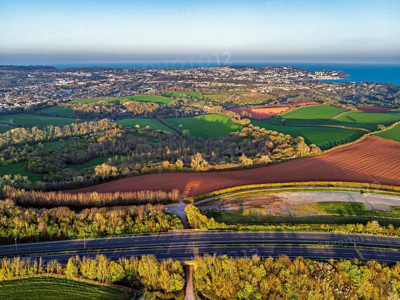 Farms and Fields over Torquay from a drone, Devon, England, United Kingdom
