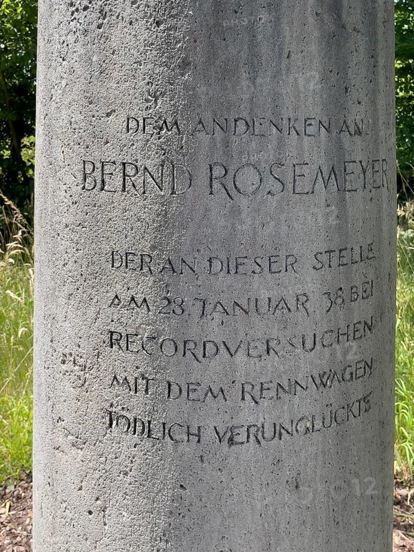 Free-standing stone column Monument with inscription in memory of Bernd Rosemeyer, who died in an accident on this spot on 28 January 1938 while attempting to set a record in a racing car, Mörfelden-Walldorf, Hesse, Germany