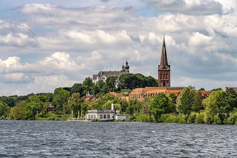 The Great Plön Lake, Nikolai Church and Plön Castle in Plön, Schleswig-Holstein, Germany