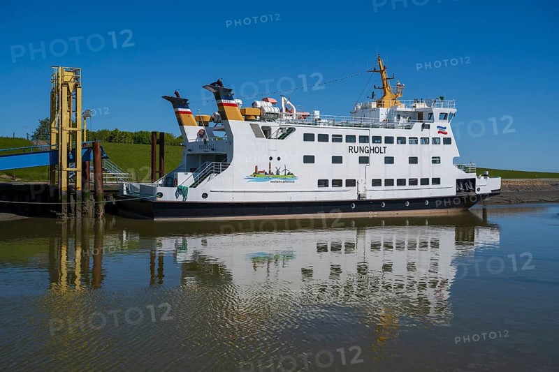 Ferry in the harbour, Tammensiel, Pellworm Island, North Frisia, North Sea, Schleswig-Holstein, Germany