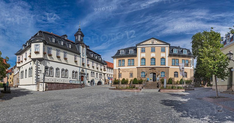 At the market with town hall and Göthe City Museum in Ilmenau, Thuringia, Germany