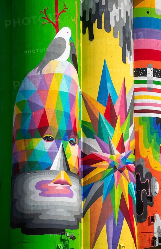Saginaw, Michigan - The Shine Bright mural on abandoned grain elevators. The mural was created when the community raised $50, 000 to bring Spanish street artist Okuda San Miguel (OKUDA) to Saginaw