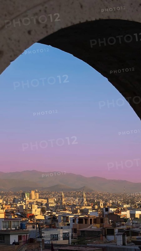 Arequipa, Peru. Sunset view of the Misti Volcano mountain range from the Yanahuara lookout