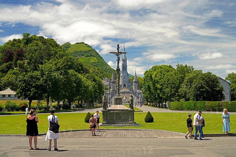 Saint district of Lourdes with the Rosary Square and basilica in the Marian pilgrimage town of Lourdes, Pyrenees, France