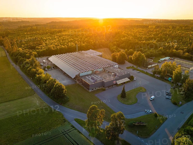 Factory at sunset, surrounded by woods and streets, Schnaufer sparkling wine cellars, Althengstett Calw