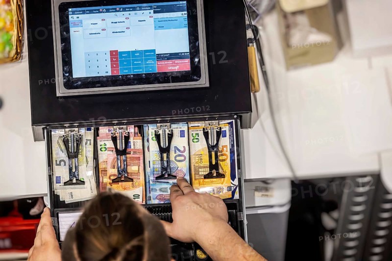 Restaurant cash register. Cash register with display and banknotes in the catering trade. Stuttgart, Baden-Württemberg, Germany