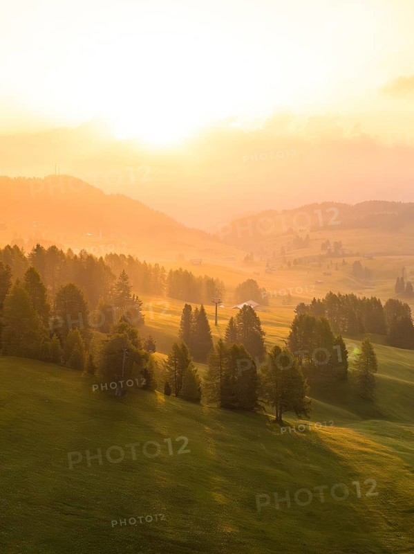 Dreamy sunrise mood with forests and mountains in the distance, Alpe di Siusi, Dolomites, South Tyrol, Italy