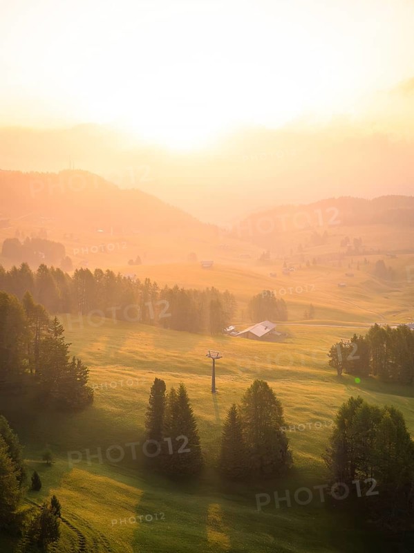 Forest and fog in the soft sunlight, illuminating the valley, Alpe di Siusi, Dolomites, South Tyrol, Italy