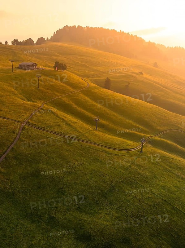 Wide meadow landscape in soft evening light with meandering paths, Alpe di Siusi, Dolomites, South Tyrol, Italy