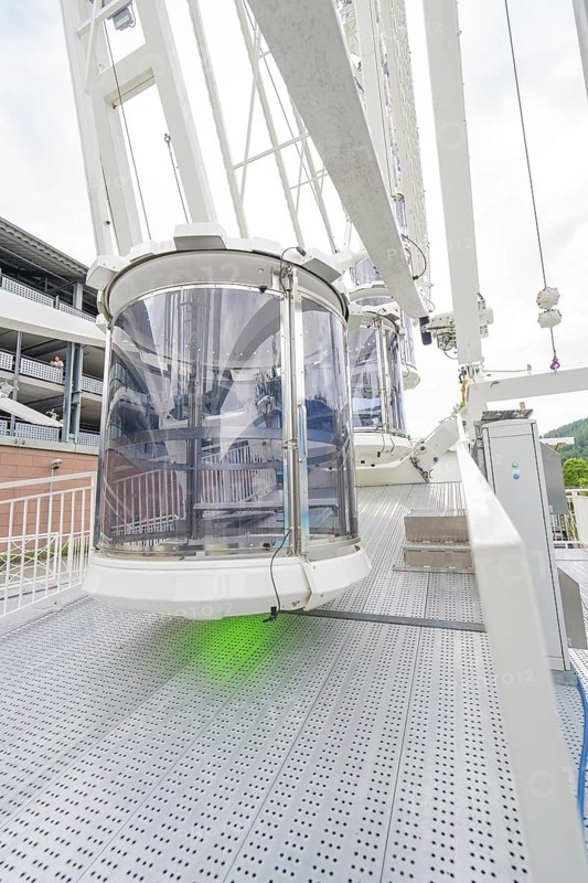 Close-up of a gondola of a Ferris wheel, shown in detailed surroundings, Ferris wheel construction, Calw, Germany