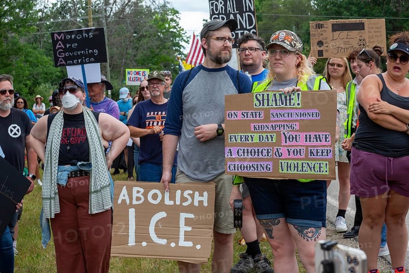 Baldwin, Michigan USA - 4 July 2025 - Activists rally against the North Lake Correctional Facility, which has just been reopened as the largest immigrant detention center in the Midwest. The rural Michigan facility is owned by the GEO Group and will house immigrants detained by ICE