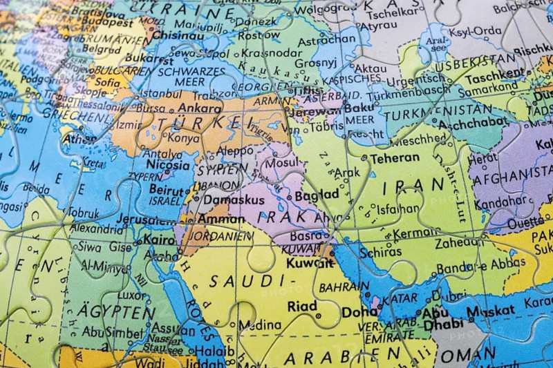Puzzle globe. Map made from puzzle pieces. Turkey, Israel, Mediterranean, Iran