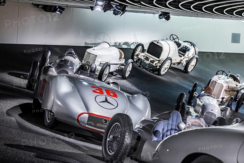 The Mercedes-Benz Museum in Stuttgart presents a journey through the automotive history of the global corporation. Myth 7: Racing cars and Silver Arrows - races and records. The history of the Mercedes star begins with the first automobile in 1886. Stuttgart, Baden-Württemberg, Germany