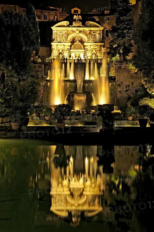 Fish ponds, Neptune Fountain, Fontana di Nettuno, Fountain of the Hydraulic Organ, Fontana dell'Organo, Renaissance garden of Villa d'Este, water features, fountains, atmospheric illumination at night, UNESCO World Heritage Site, Tivoli, metropolitan city of Rome, Lazio, Italy