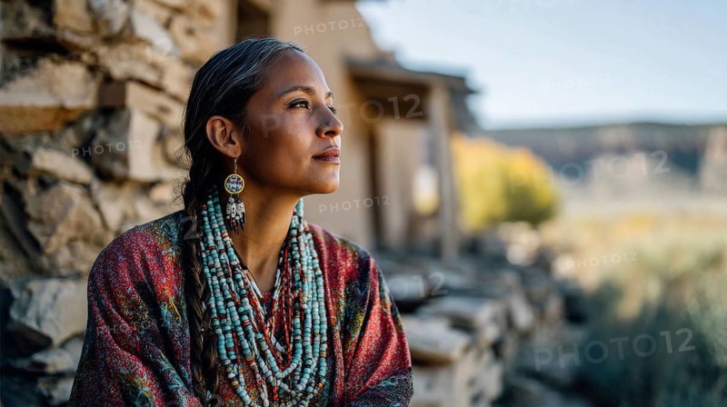 Beautiful and attractive native indigenous north american woman in first nation clothes in authentic nature surrounding, AI generated
