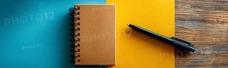 Minimalistic flat lay of office workflow productivity tools that improve efficiency and saving time and resources. Pen and notebook, AI generated