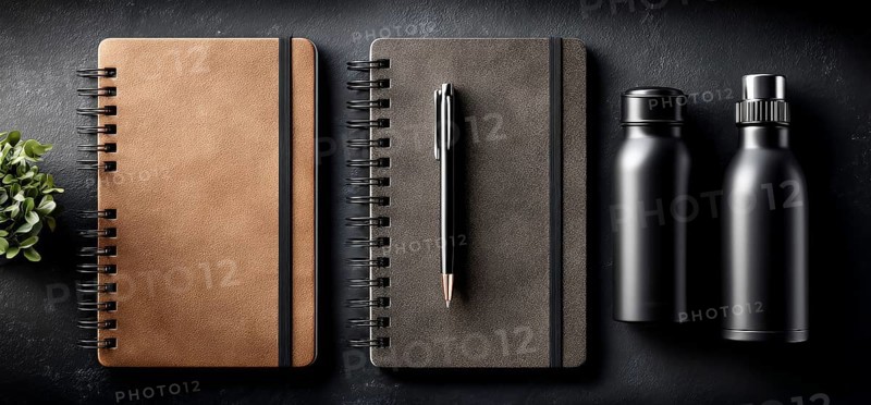 Minimalistic flat lay of office workflow productivity tools that improve efficiency and saving time and resources. Pen and notebook, AI generated
