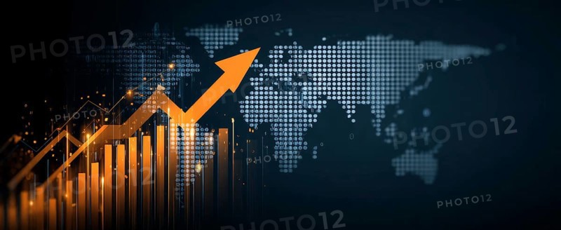 Stock market and economy growth trend fluctuations. Advanced graph business analytic tool that shows economy trends and charts in international global commerce, AI generated