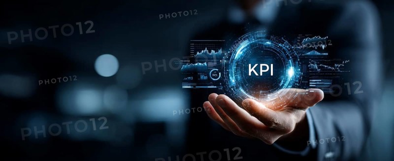 Key Performance Indicator, quantifiable measure of performance over time for a specific objective. Concept of productivity in corporate workplace environment, AI generated