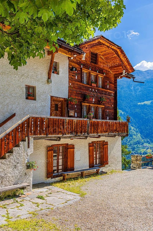 Parsonage, decorated with flowers, historic village centre, Grimentz, Val d'Anniviers, Valais Alps, Canton Valais, Switzerland